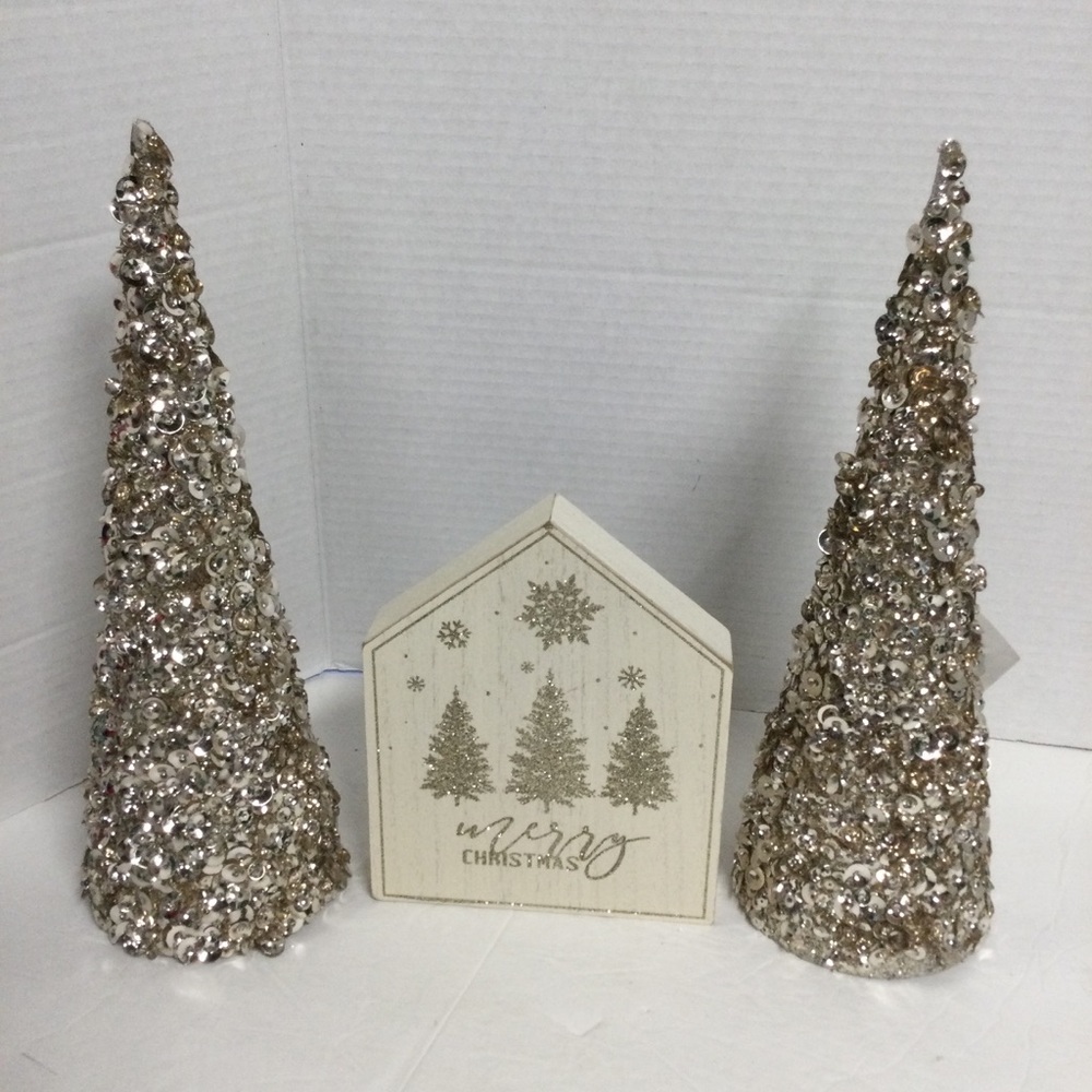 Set of 2 Sequins Silver Trees & 1 Cream Glitter “Merry Christmas” Holiday Decor